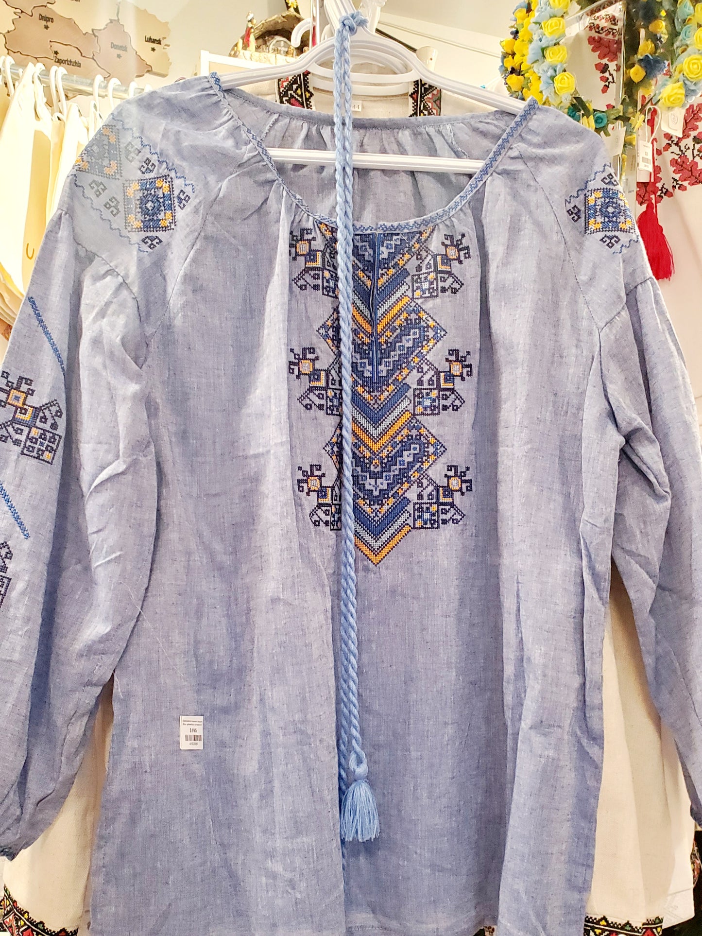 Embroidered women blouse Blue yellow/blue ornament