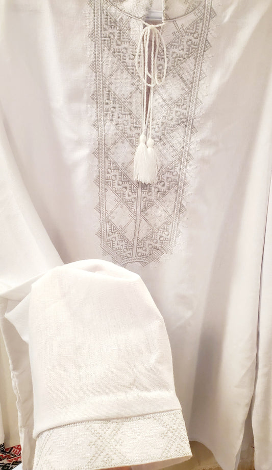 Embroidered linen men's shirt white/grey