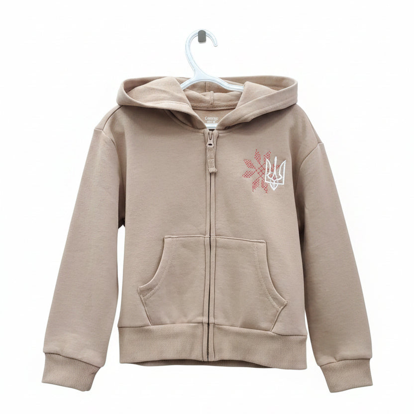Hoodie with embroidery and zipper, S/P (6), Light brown