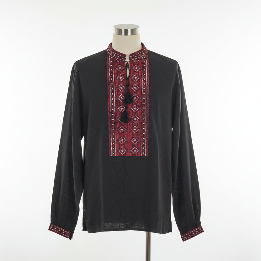 Handmade embroidered linen men's shirt (black with red/white ornament)