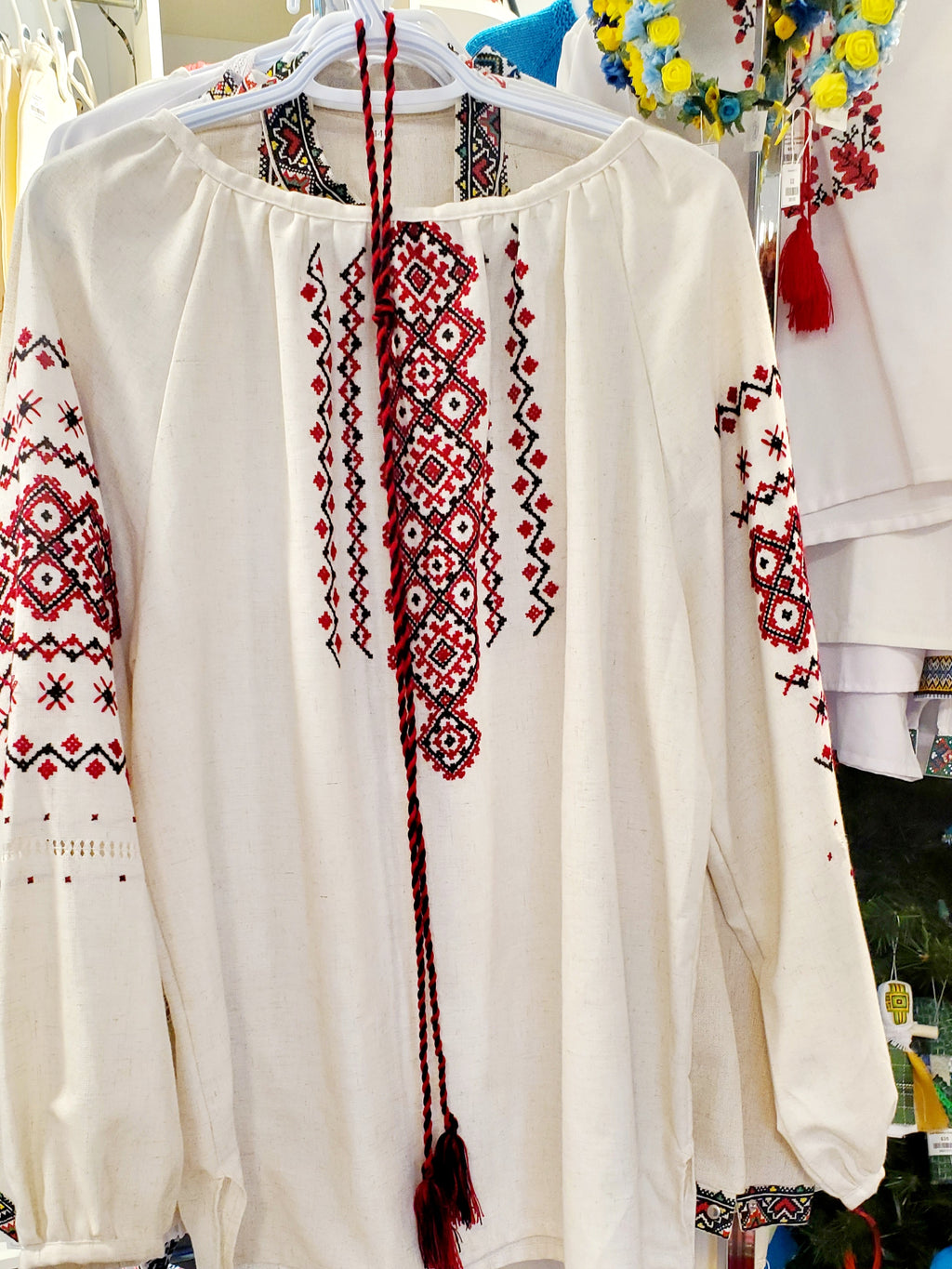 Handmade Embroidered Linen women blouse red/black