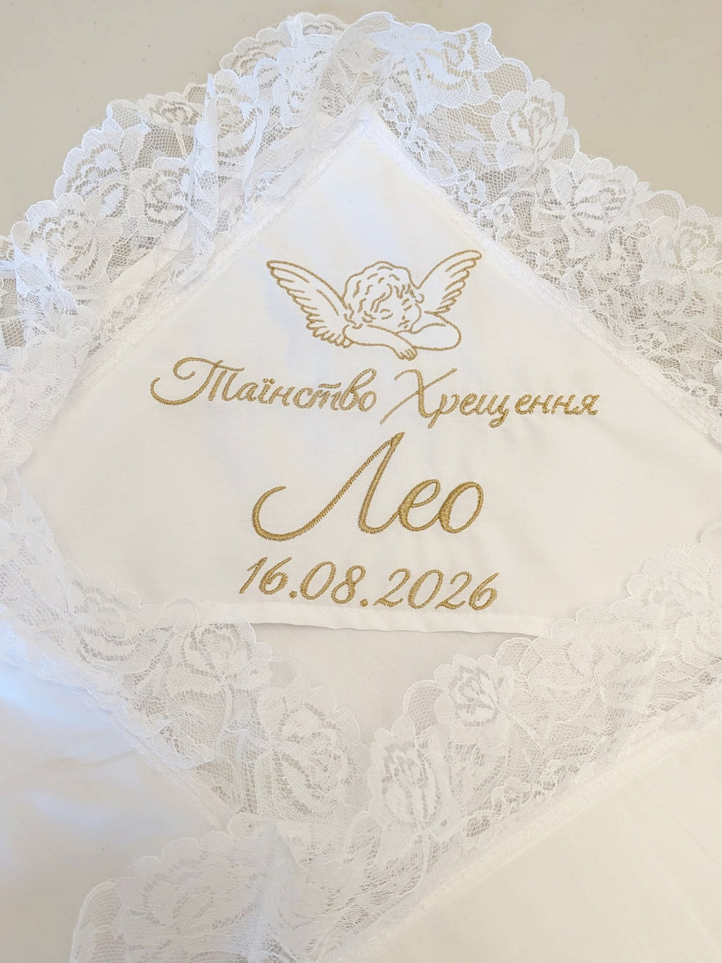 Embroidered baby blanket for baptism "Kryghma" Order (name & data)