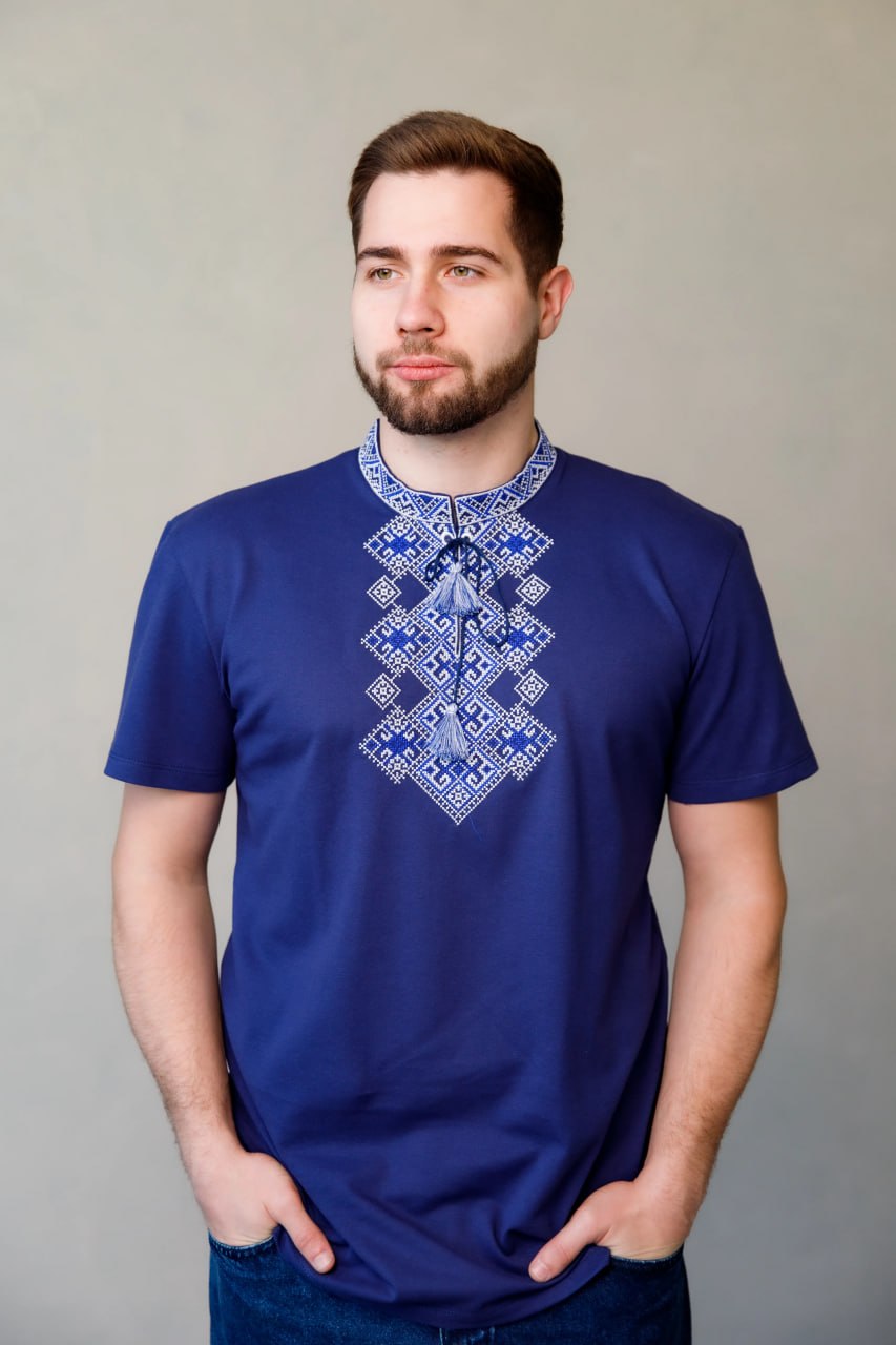 Embroidered men's T-shirt "Galychanka" navy blue with white ornament (2XL)