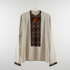 Handmade embroidered linen men's shirt XL (white with red/yellow/green/black ornament)