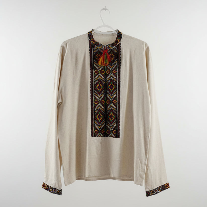 Handmade embroidered linen men's shirt XL (white with red/yellow/green/black ornament)