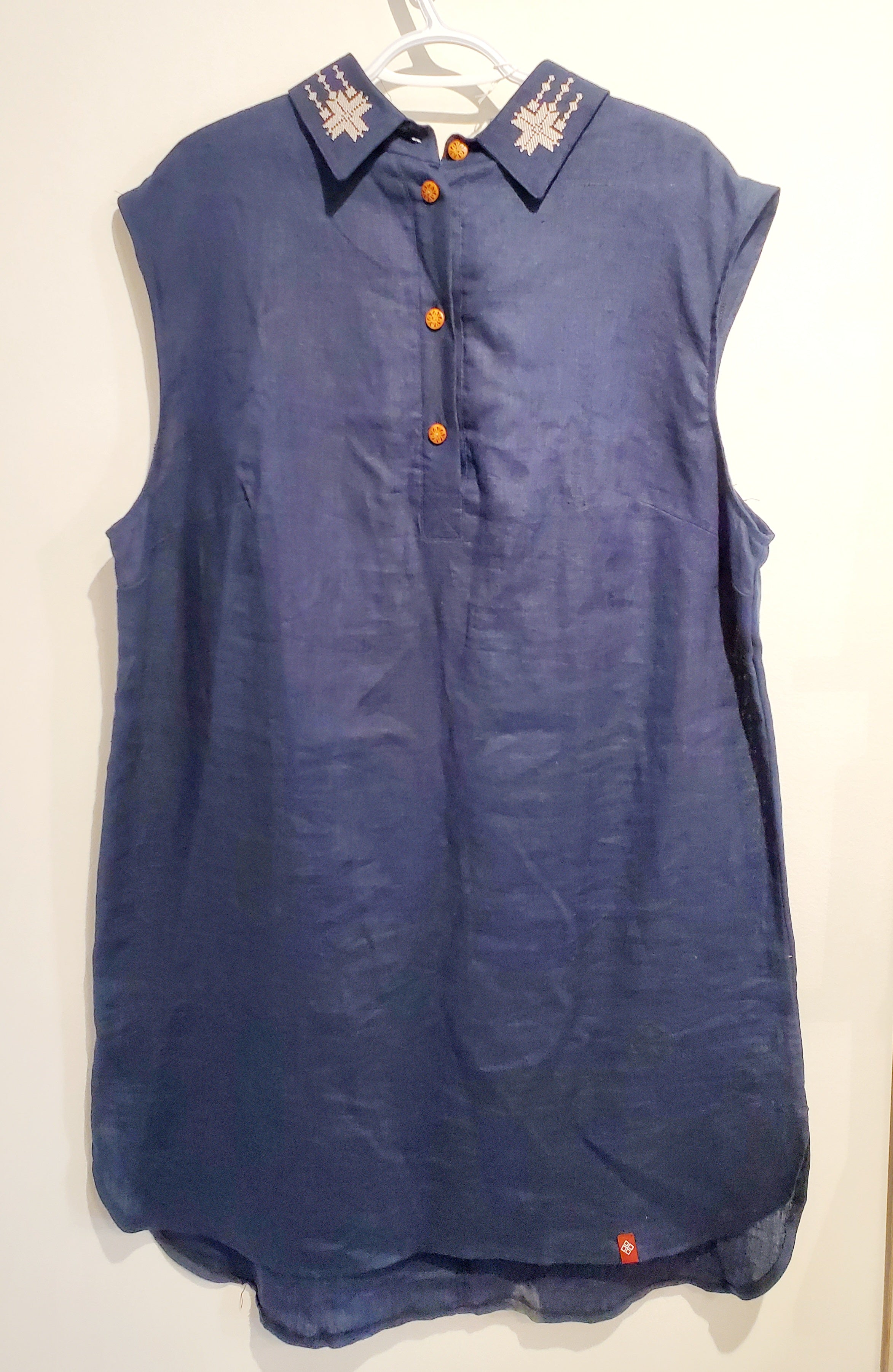 Linen Embroidered Dress, Size XXl (navy blue)
