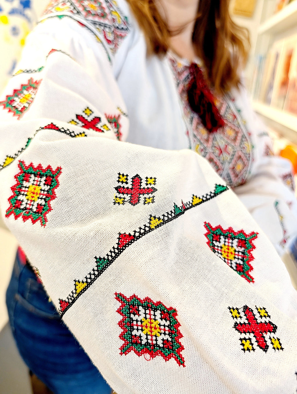 Embroidered women blouse "Vyshyvanka" (red/green/yellow), Size L-XL