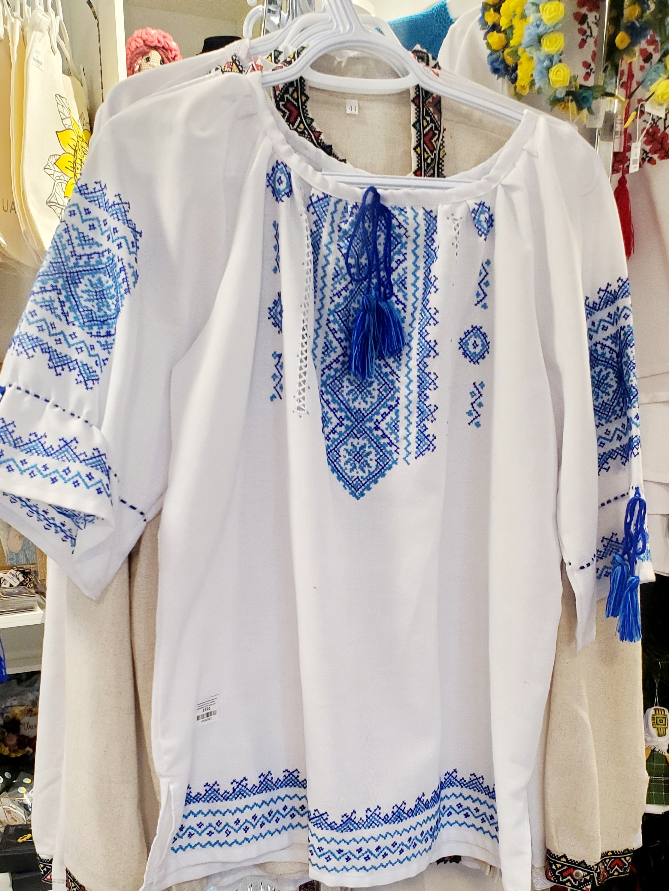 Handmade Embroidered women blouse (white with red/blue, 3/4 sleeves)