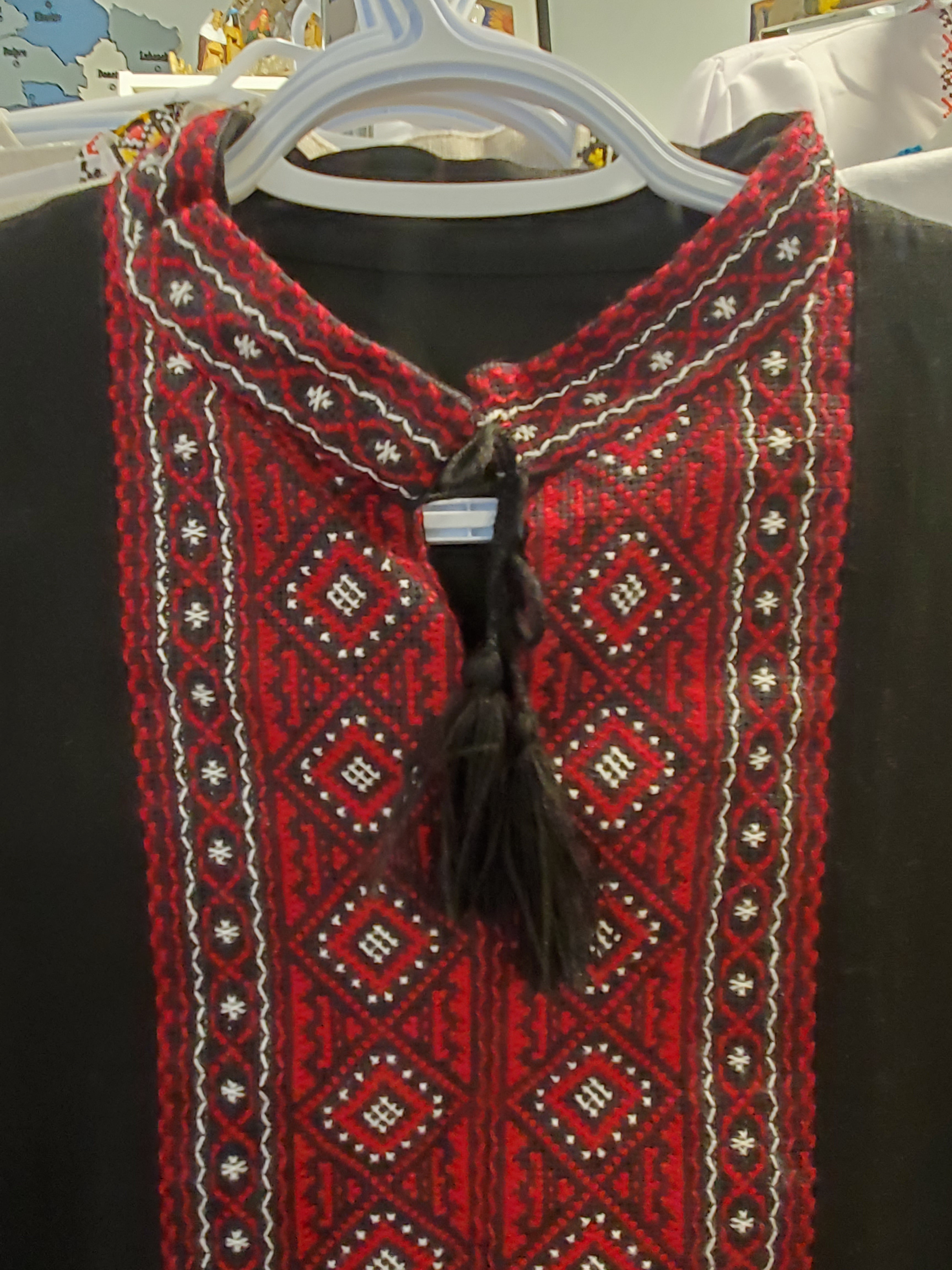 Handmade embroidered linen men's shirt (black with red/white ornament)
