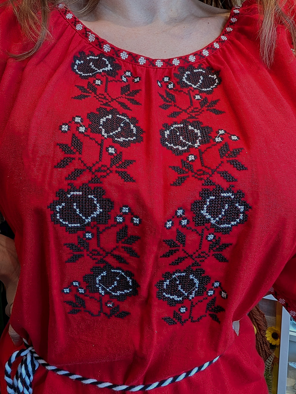 Embroidered women blouse "Vyshyvanka" (red with black/white flowers), Size L-XL
