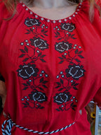Embroidered women blouse "Vyshyvanka" (red with black/white flowers), Size L-XL