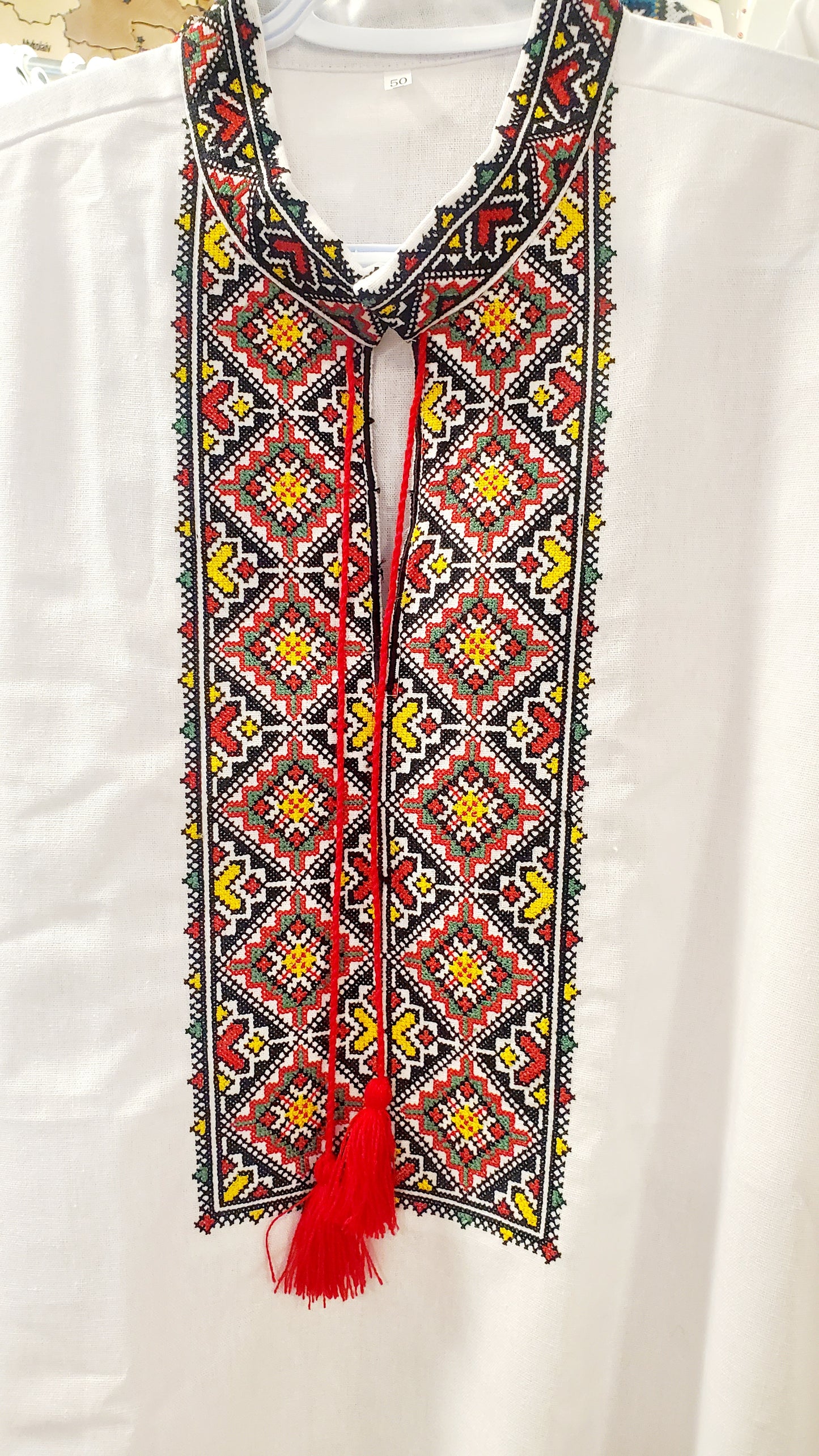 Embroidered linen men's shirt red/blk/yellow (beige & white)