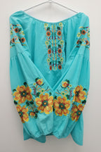 Embroidered women blouse Blue yellow/orange flowers