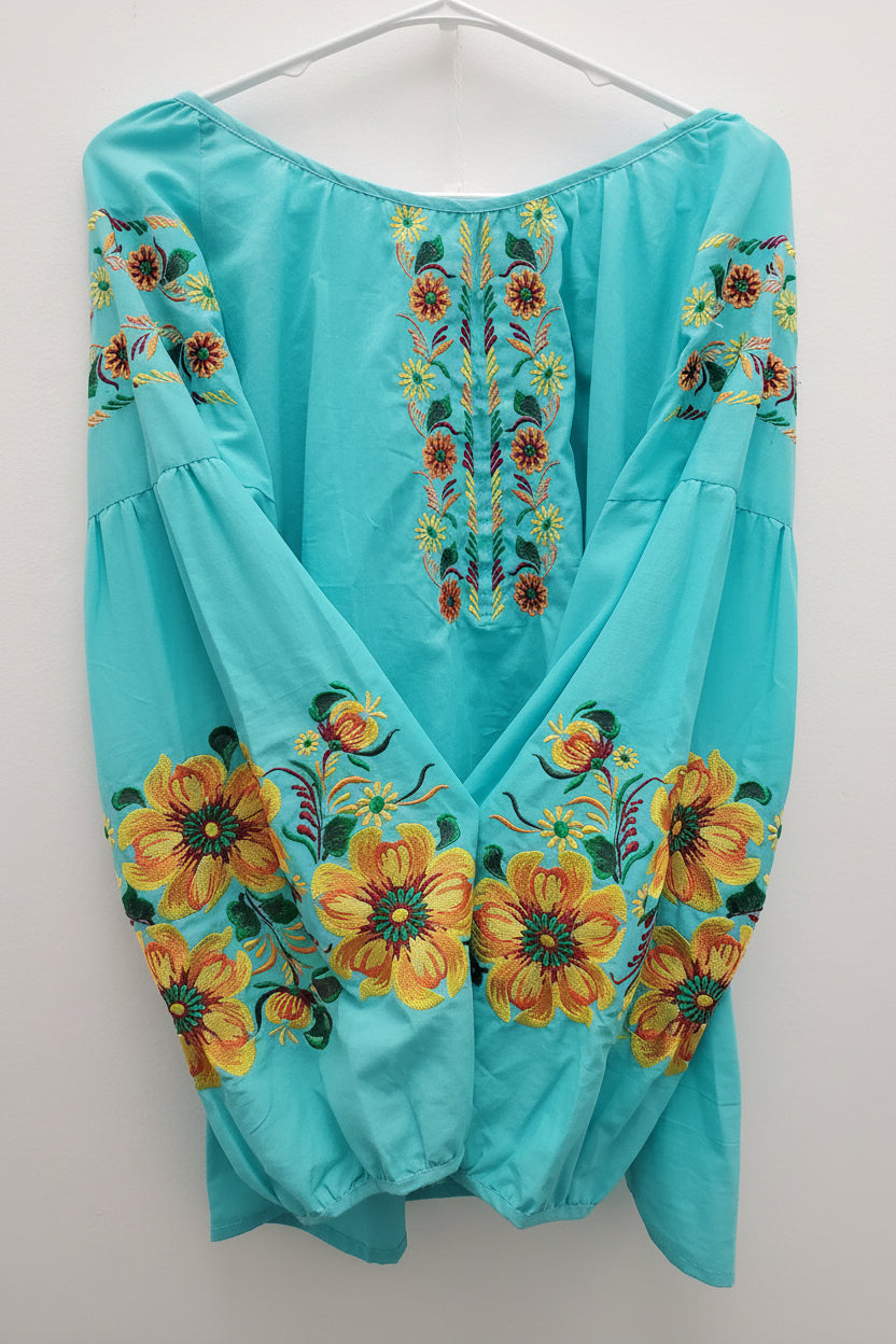 Embroidered women blouse Blue yellow/orange flowers