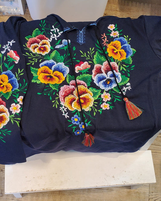 Embroidered blouse "Galychanka" navy blue with flowers