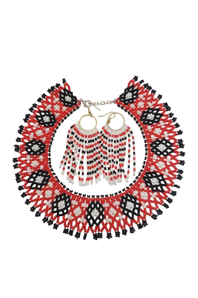 Handmade beaded Set Necklace & Earrings (red/black/white)