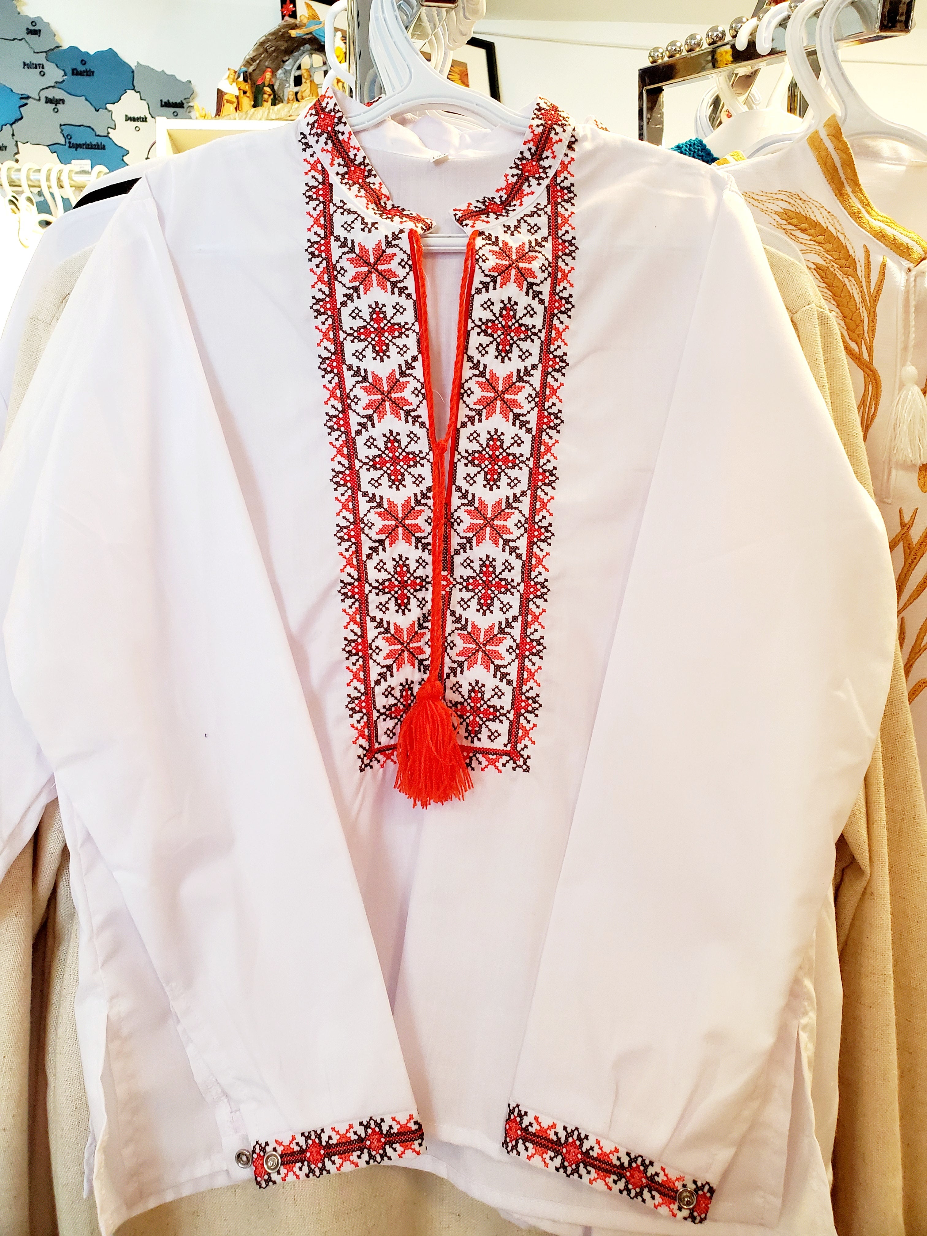 Embroidered children's shirt (white with red\brown), Size 110, 122, 134, 140, 146