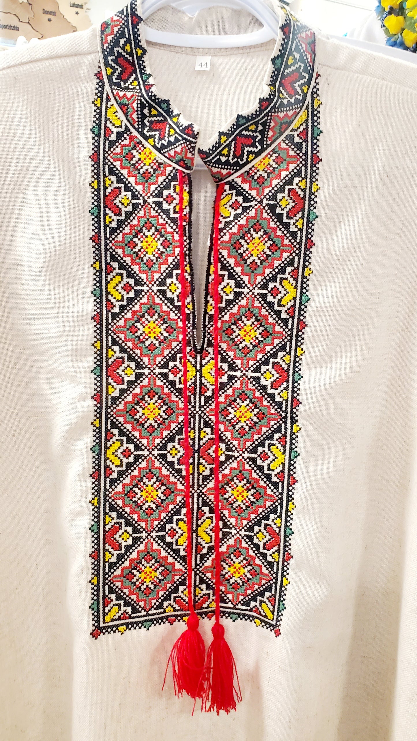 Embroidered linen men's shirt red/blk/yellow (beige & white)