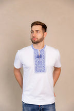 Embroidered men's T-shirt "Galychanka" (white with blue/navy blue), XL