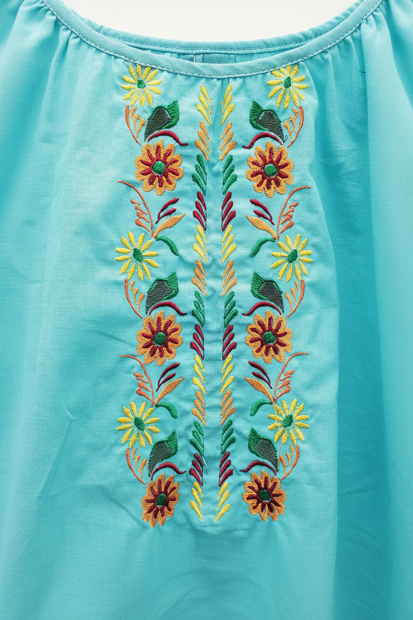 Embroidered women blouse Blue yellow/orange flowers