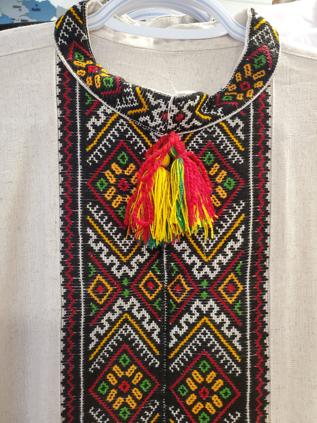 Handmade embroidered linen men's shirt XL (white with red/yellow/green/black ornament)