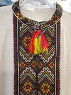 Handmade embroidered linen men's shirt XL (white with red/yellow/green/black ornament)