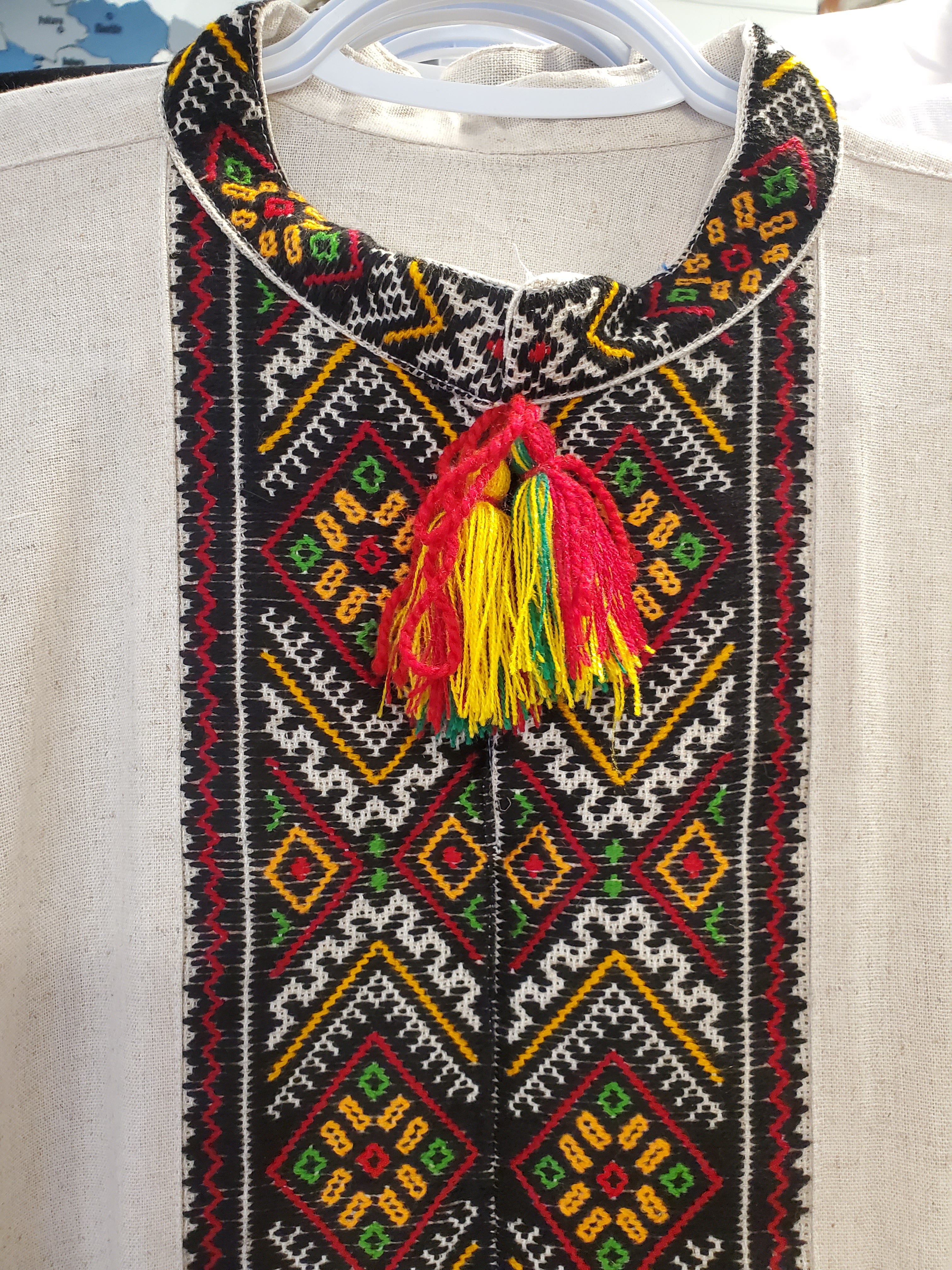 Handmade embroidered linen men's shirt XL (white with red/yellow/green/black ornament)