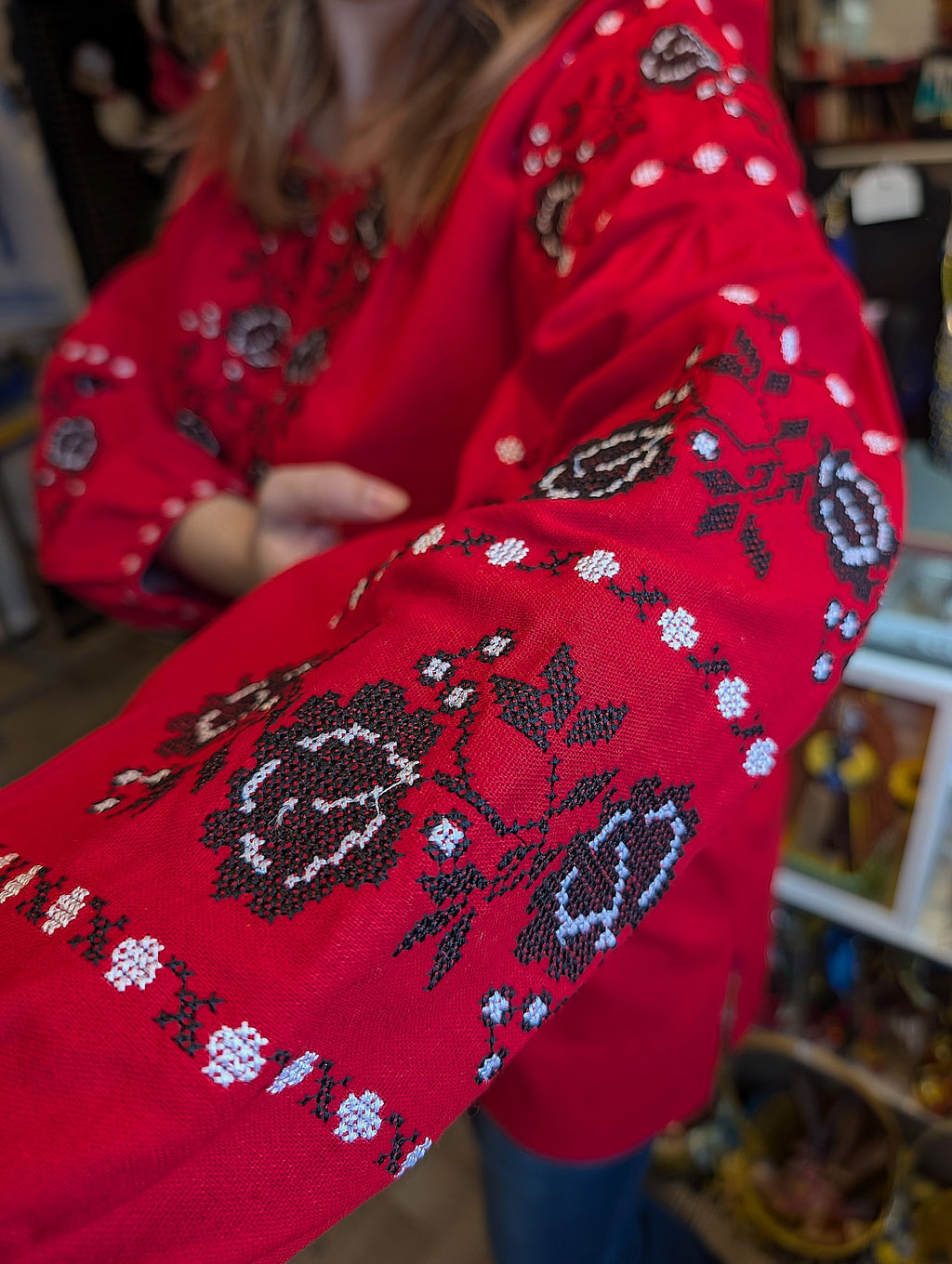 Embroidered women blouse "Vyshyvanka" (red with black/white flowers), Size L-XL
