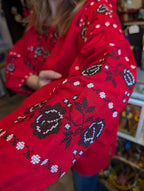 Embroidered women blouse "Vyshyvanka" (red with black/white flowers), Size L-XL