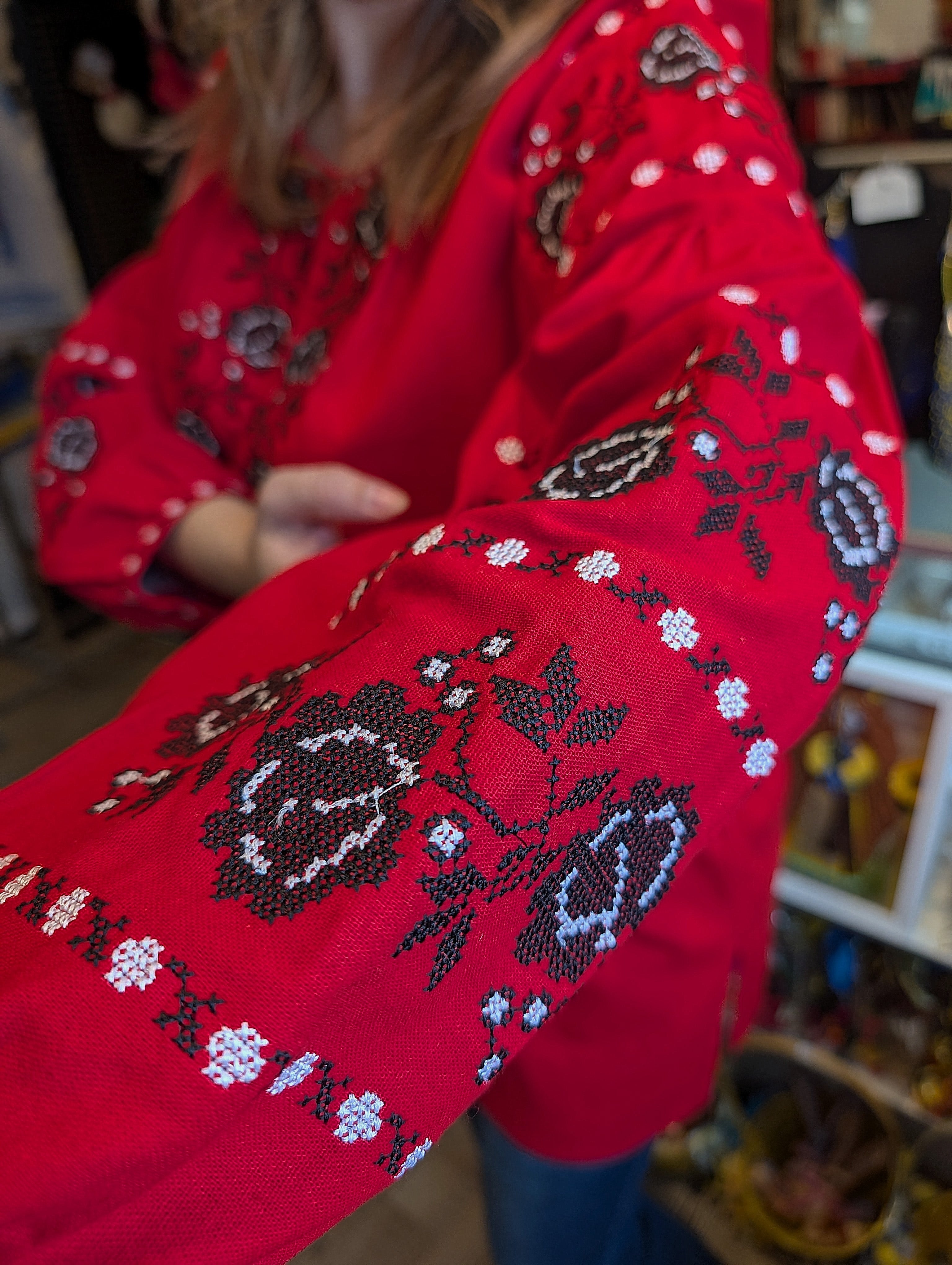 Embroidered women blouse "Vyshyvanka" (red with black/white flowers), Size L-XL