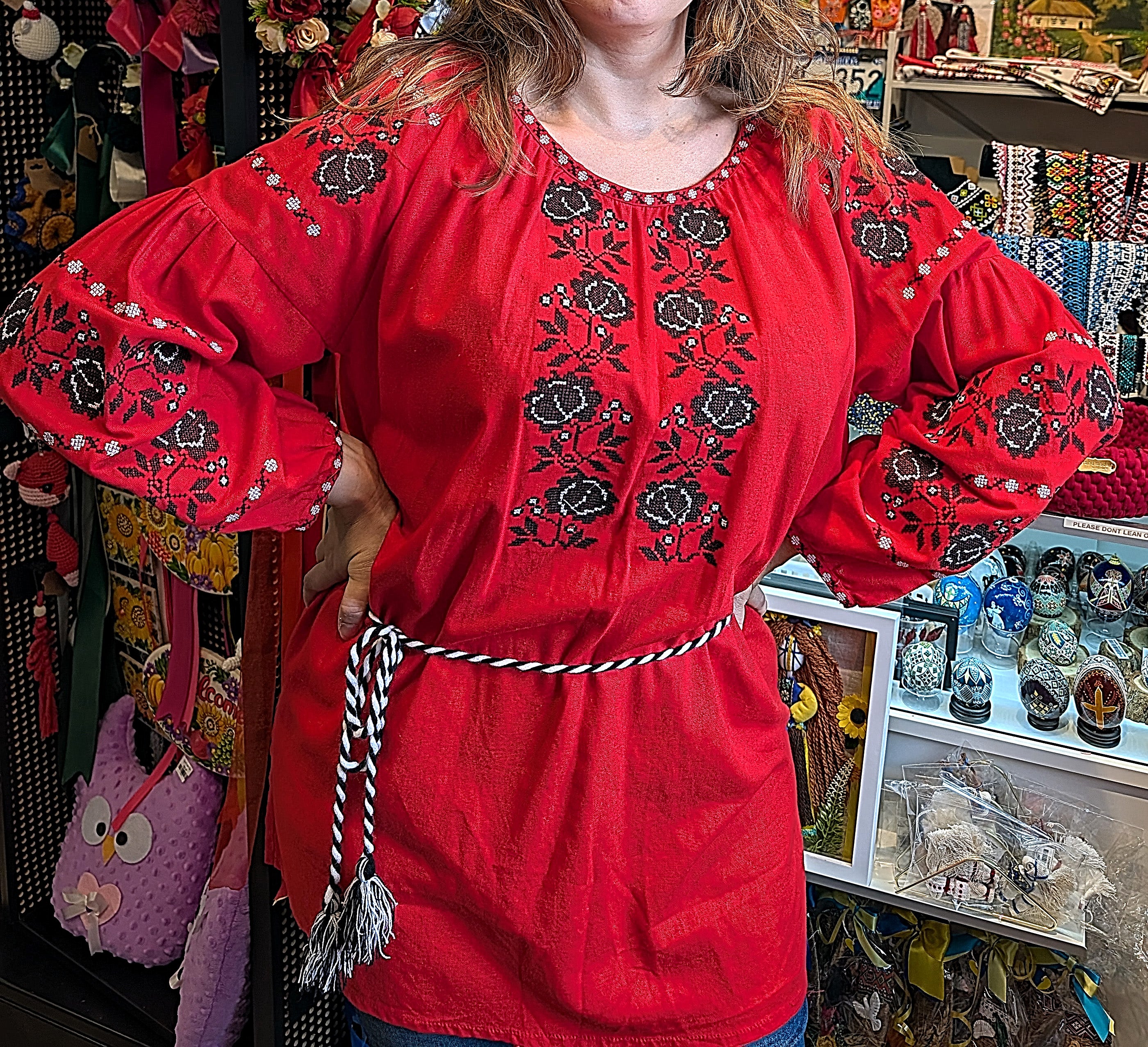 Embroidered women blouse "Vyshyvanka" (red with black/white flowers), Size L-XL