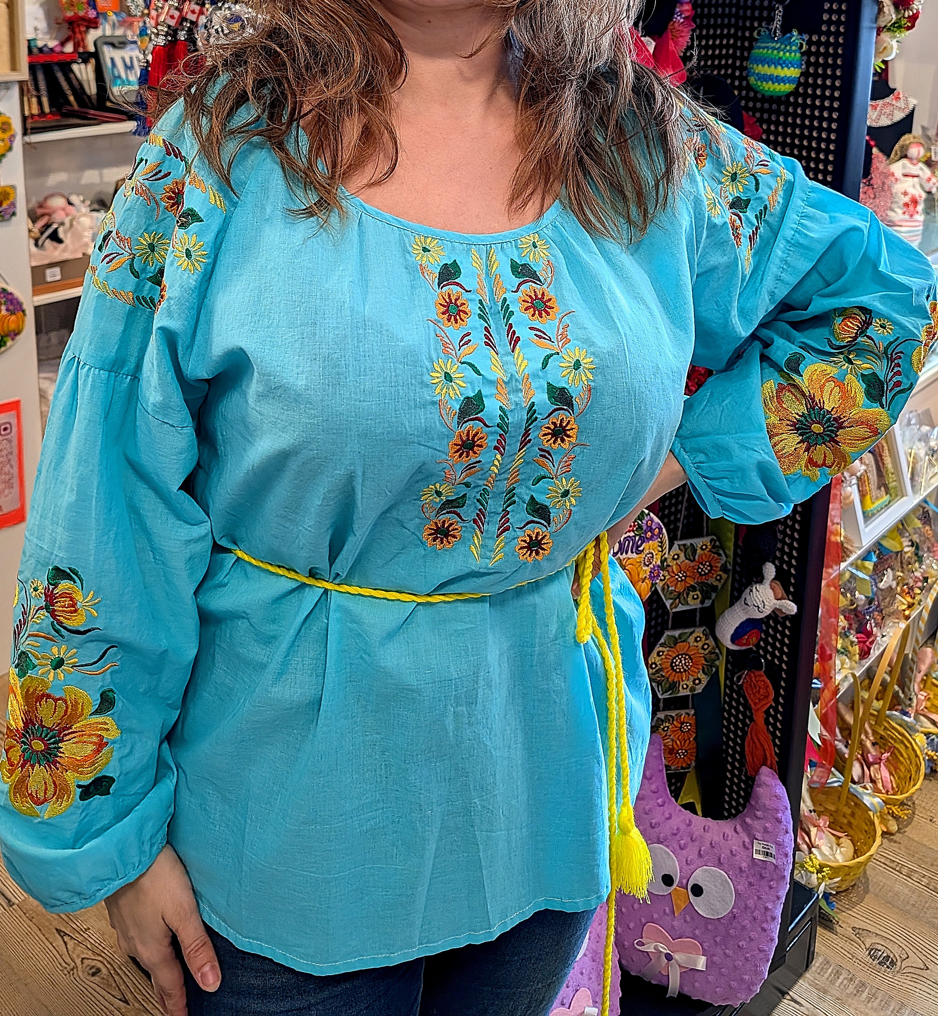 Embroidered women blouse Blue yellow/orange