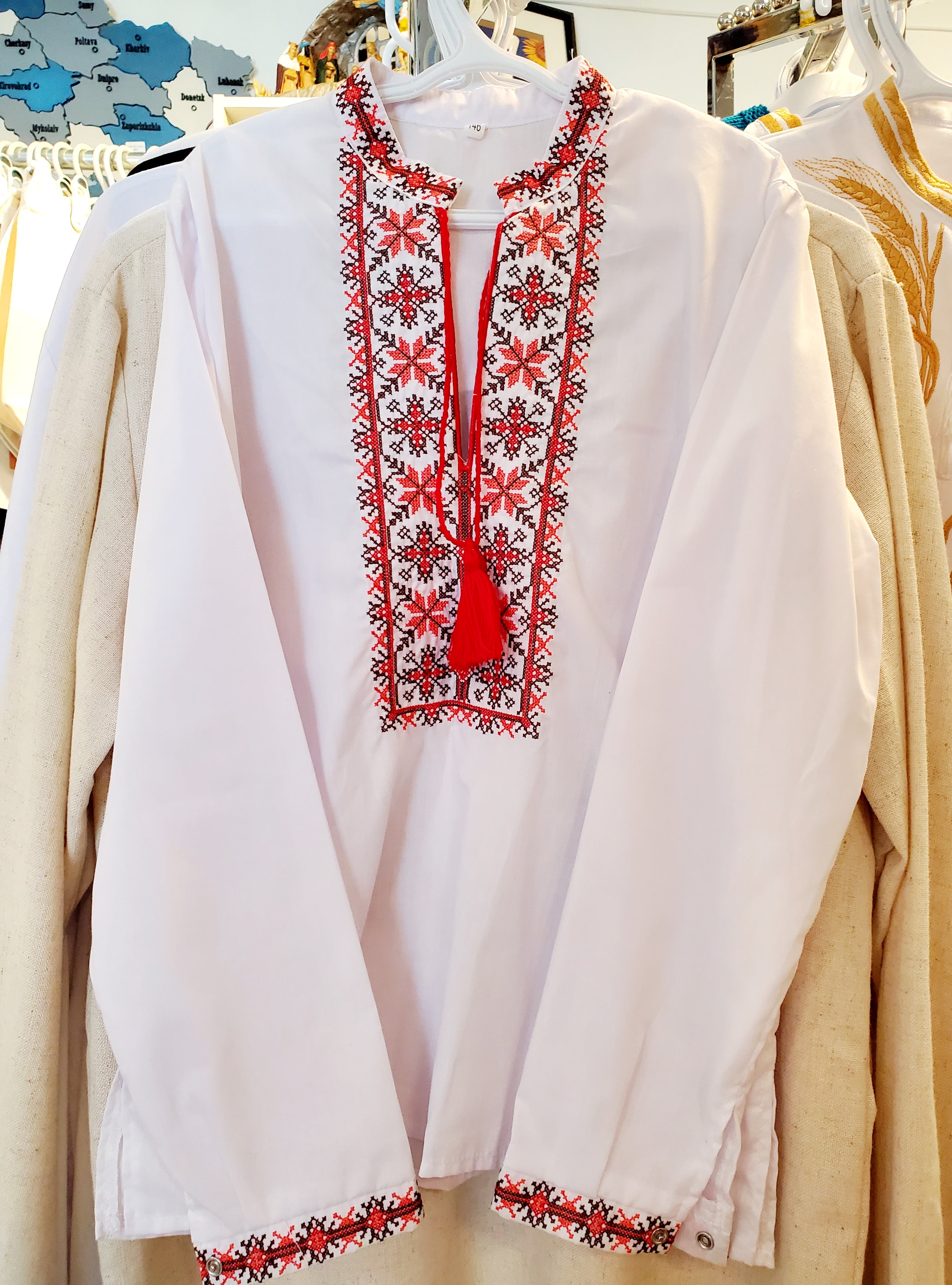 Embroidered children's shirt (white with red\brown), Size 110, 122, 134, 140, 146