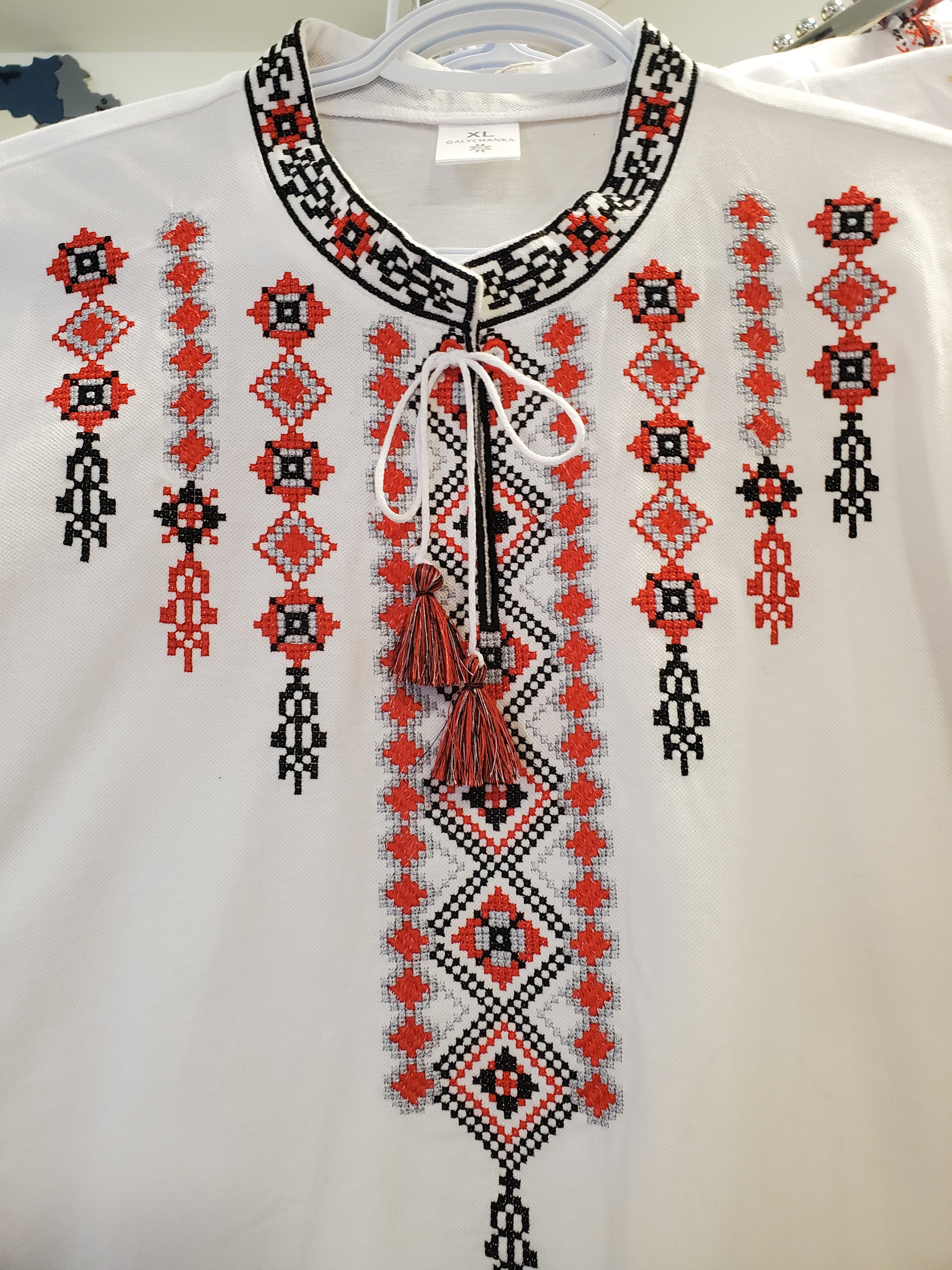 Embroidered men's T-shirt "Galychanka" (white with red/black/grey), XL