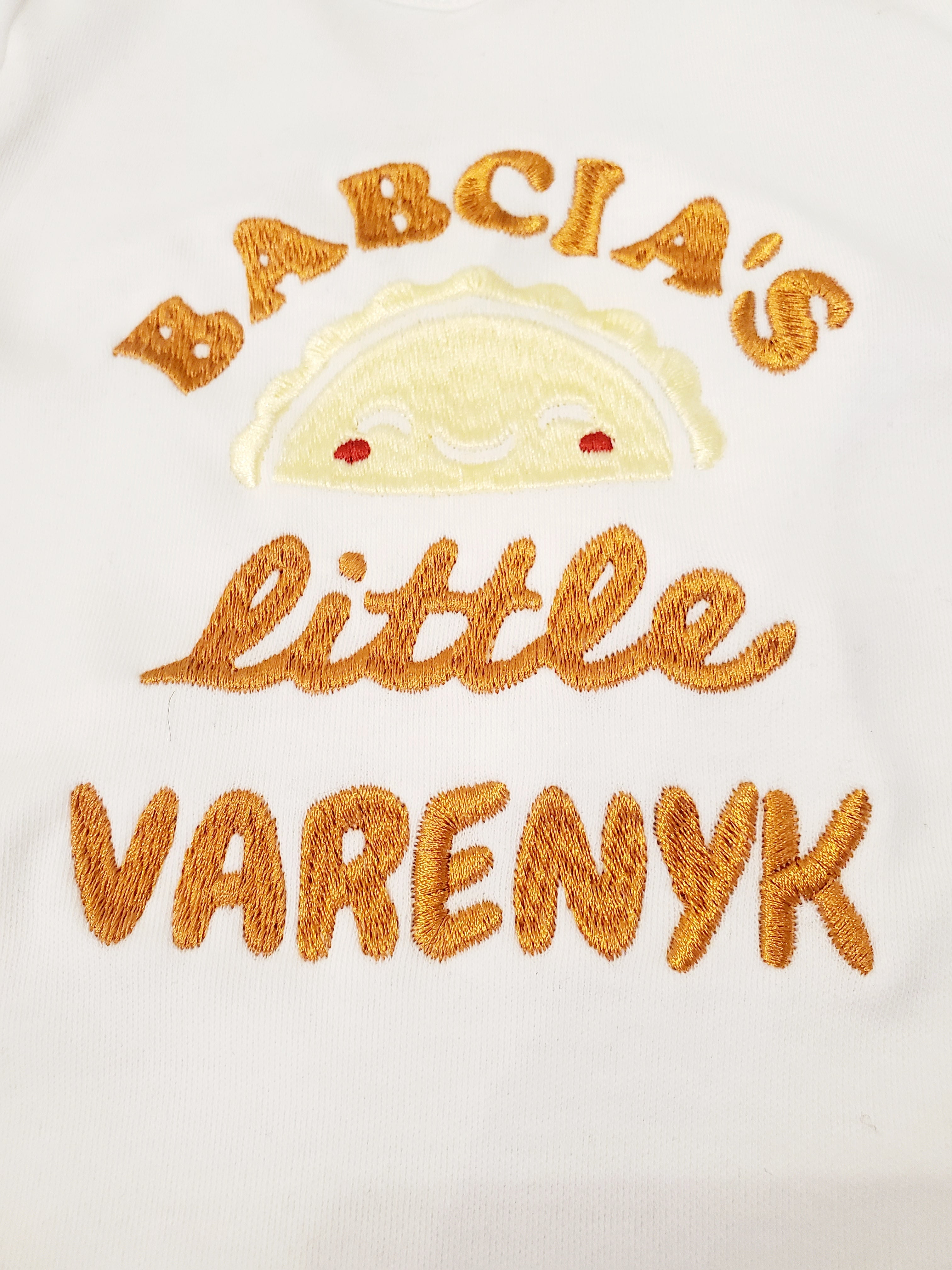 Baby White bodysuit embroidered "Babcia's Little Varenyk" ORDER (6-12 month)
