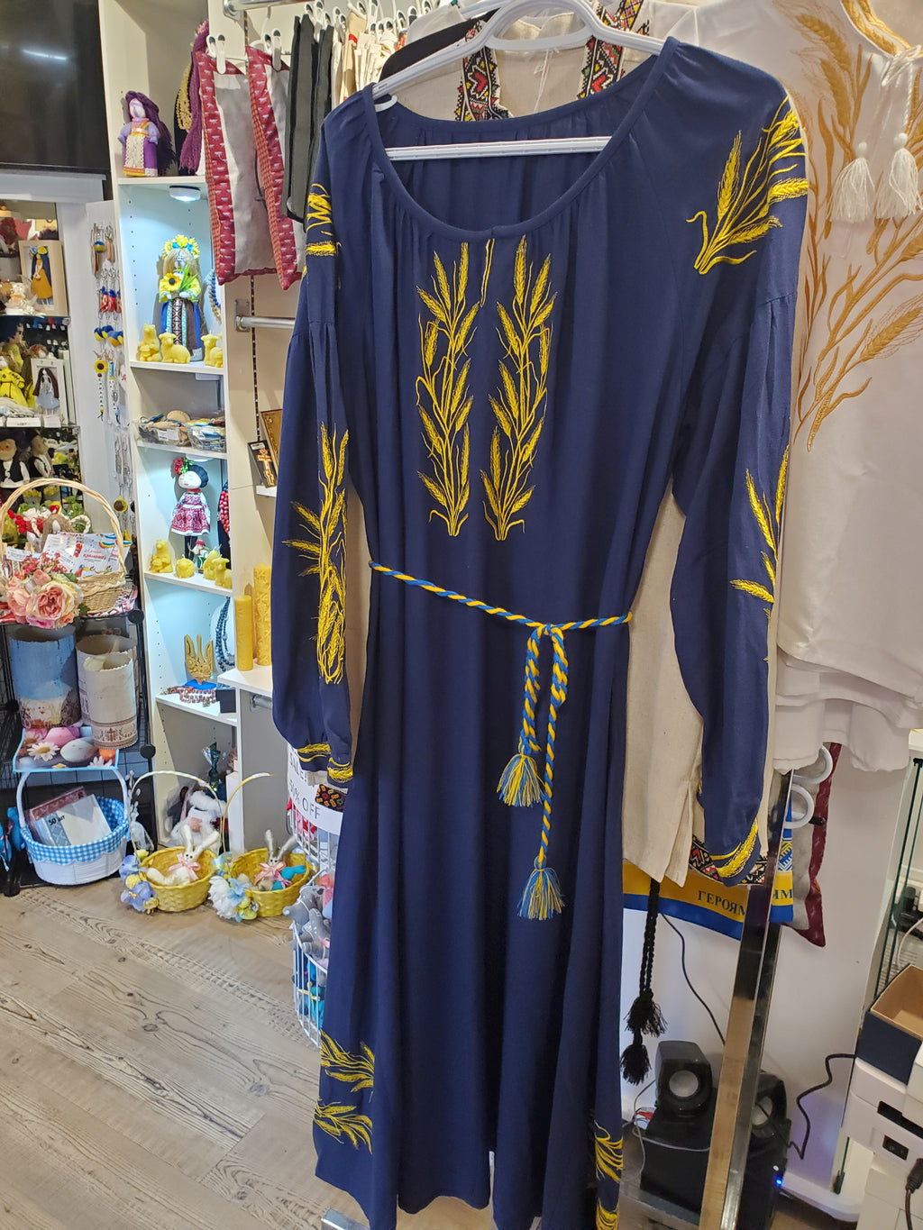 Embroidered linen dress "Gold kolosoks" (navy blue)