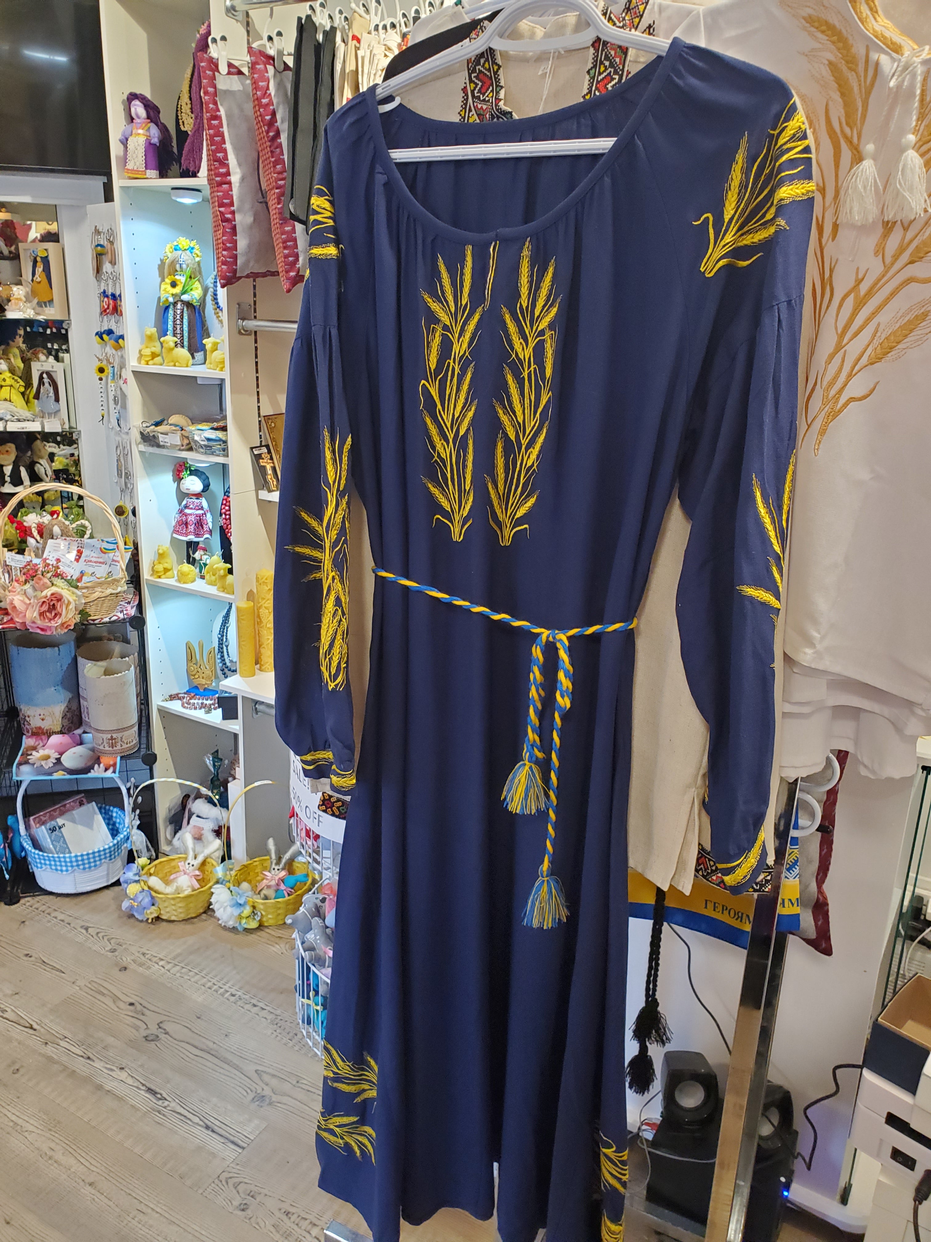 Embroidered linen dress "Gold kolosoks" (navy blue)