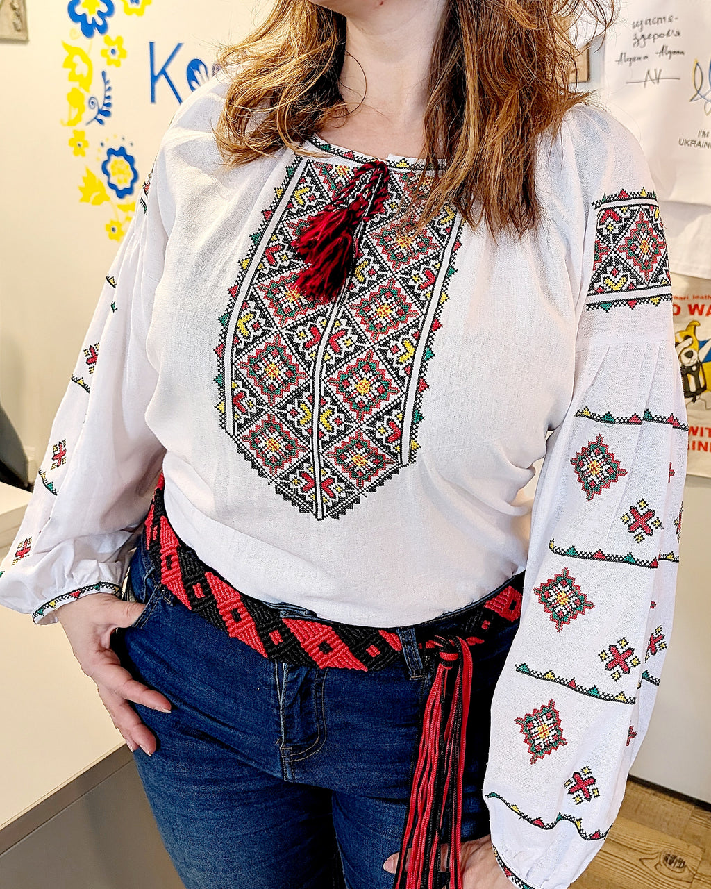 Embroidered women blouse "Vyshyvanka" (red/green/yellow), Size L-XL