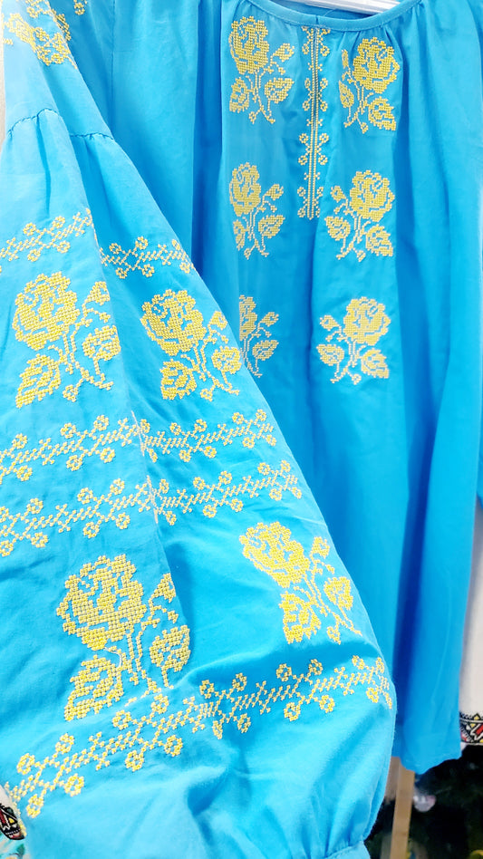 Embroidered women blouse Blue yellow/orange