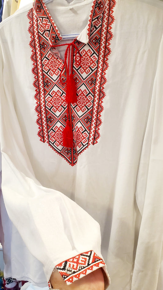 Embroidered linen men's shirt red/blk