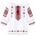 Handmade Embroidered women's blouse 3/4 sleeves (white with  red/blue), Size S, M