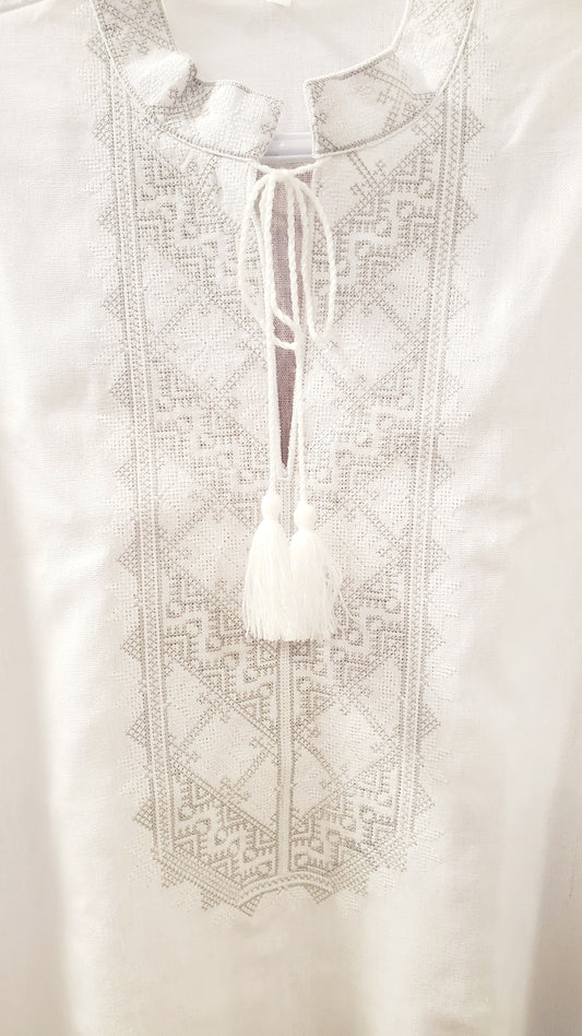 Embroidered linen men's shirt white/grey