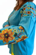 Embroidered women blouse Blue yellow/orange flowers