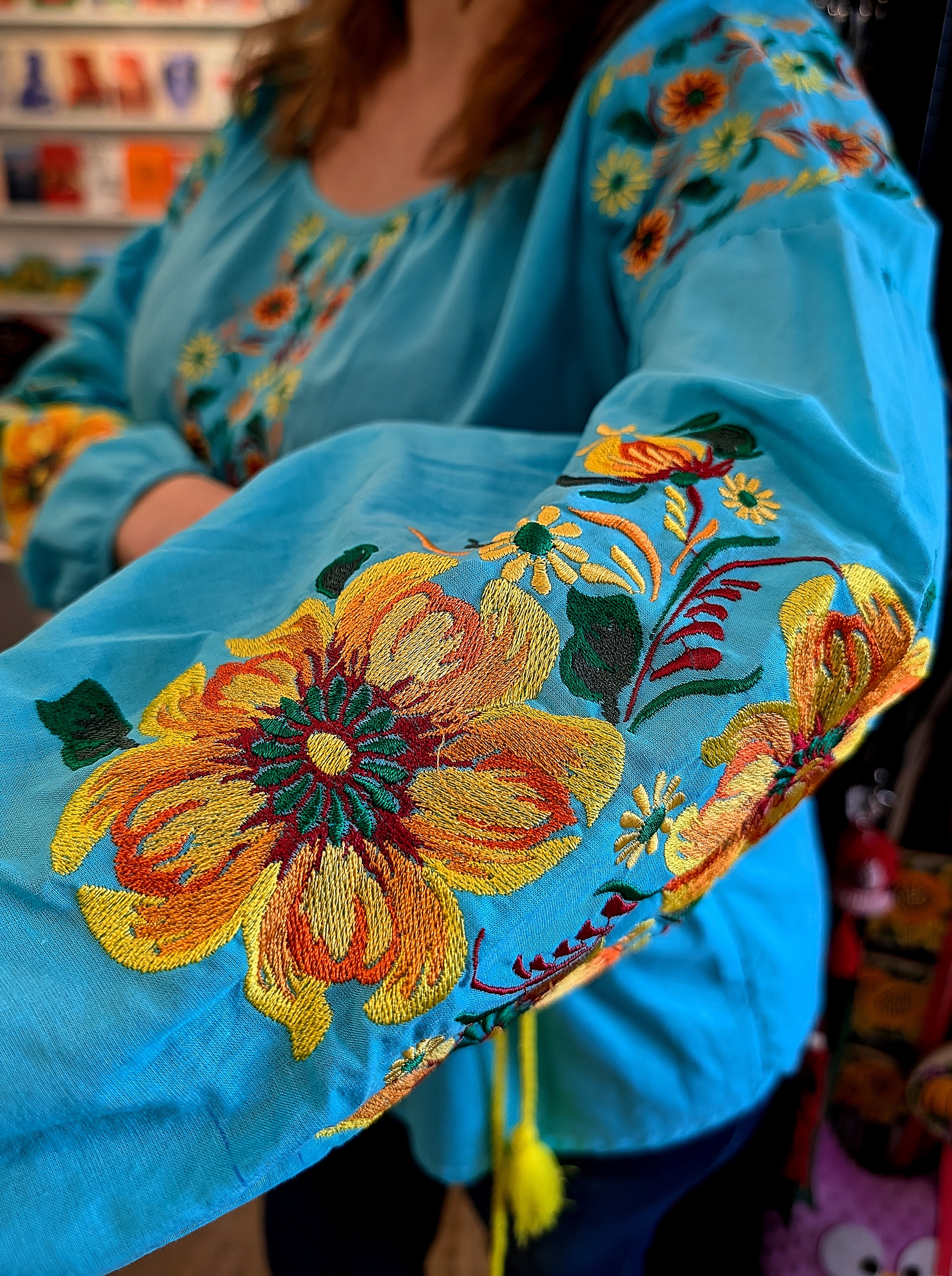 Embroidered women blouse Blue yellow/orange