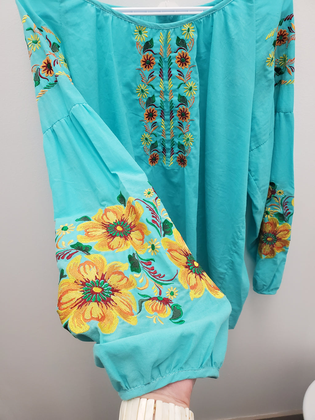 Embroidered women blouse Blue yellow/orange flowers