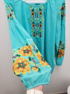 Embroidered women blouse Blue yellow/orange flowers