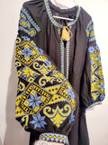 Embroidered women dress black with yellow-blue ornament