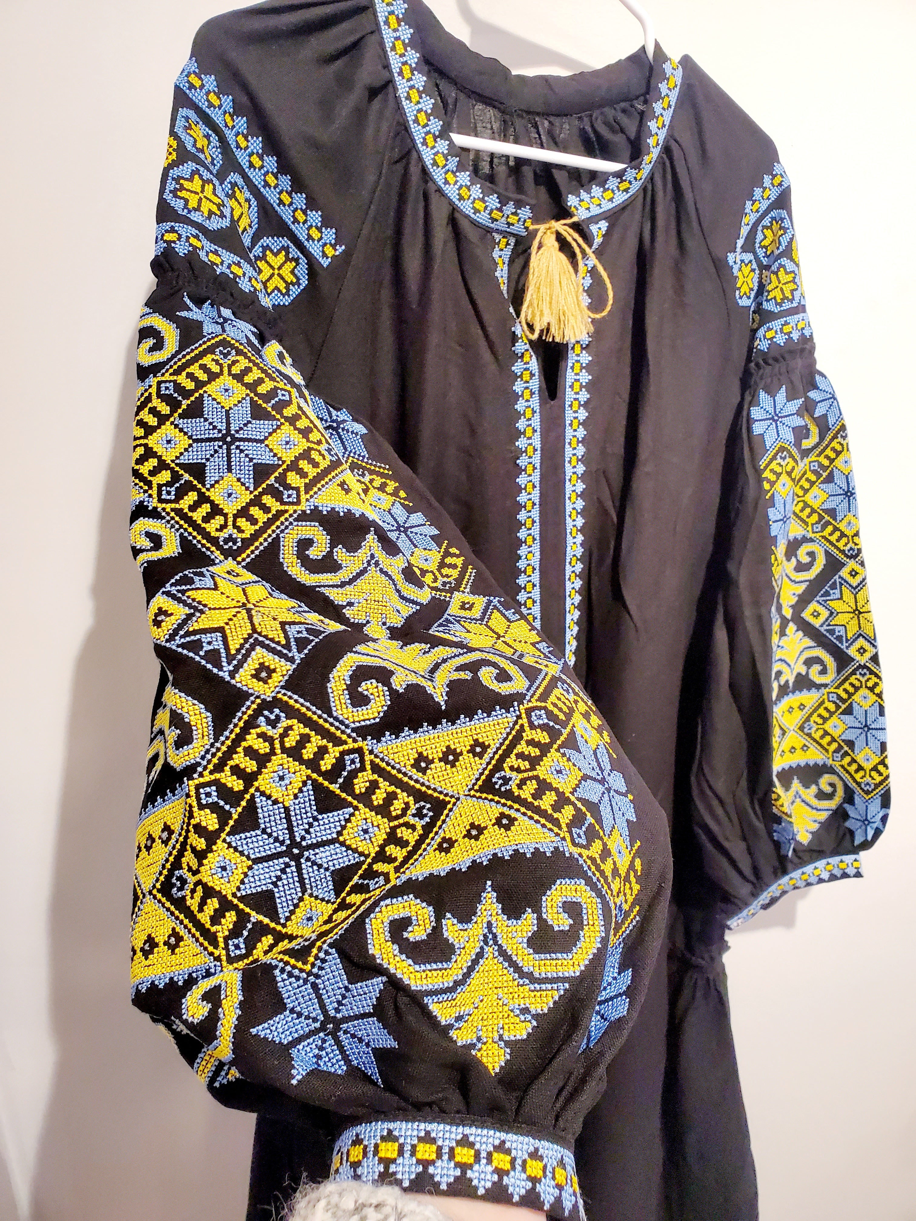 Embroidered women dress black with yellow-blue ornament