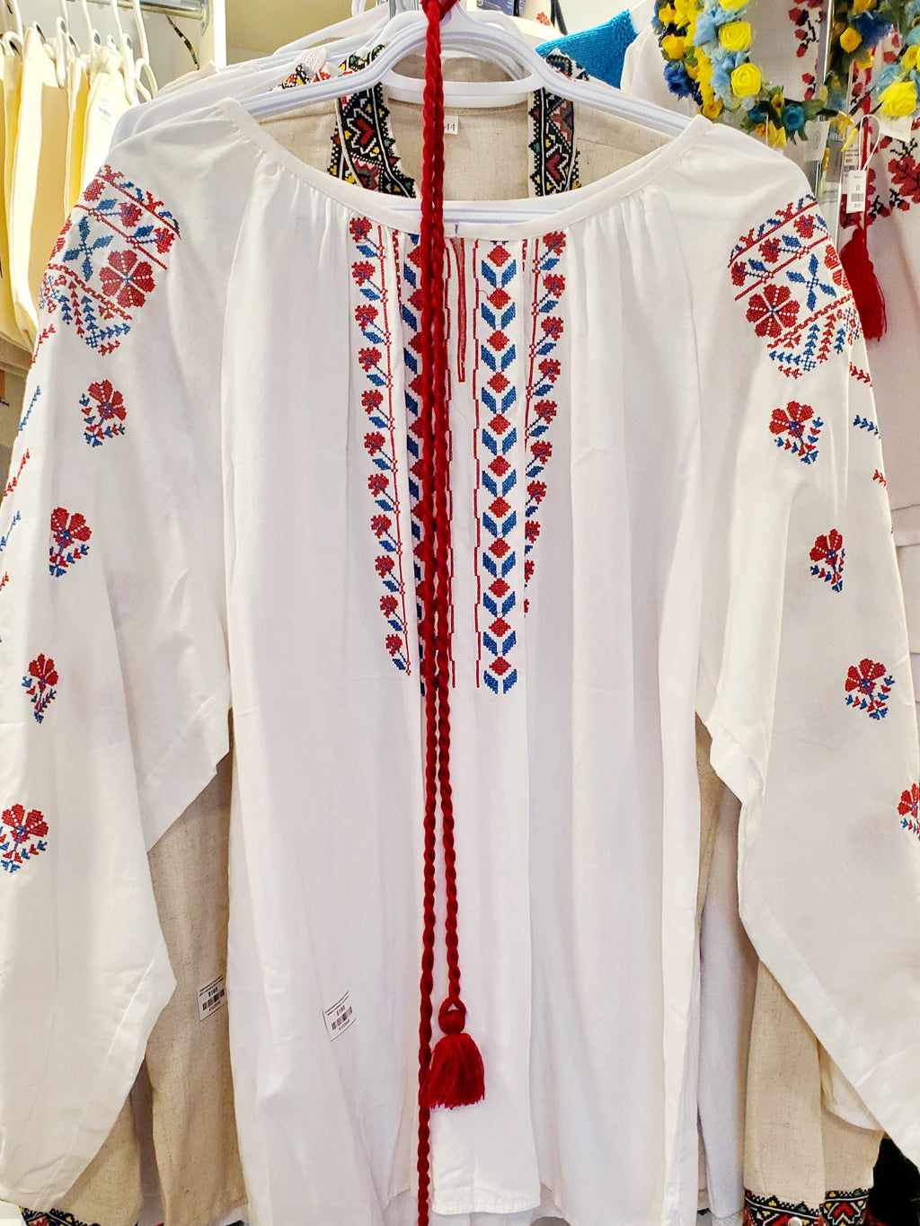 Embroidered women blouse "Vyshyvanka" (white with red/blue ornament), Size L-XL