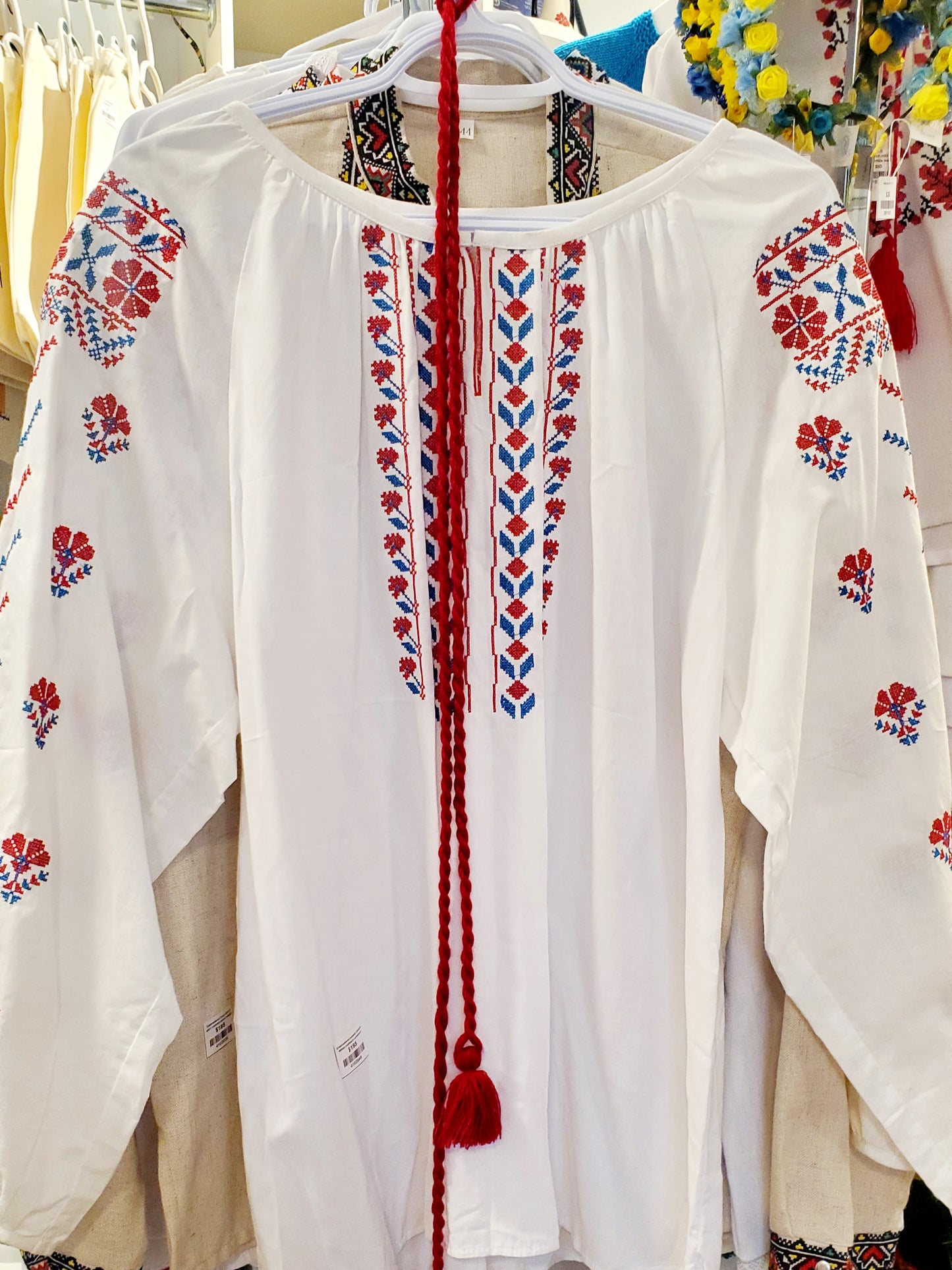 Embroidered women blouse White red/blue ornament